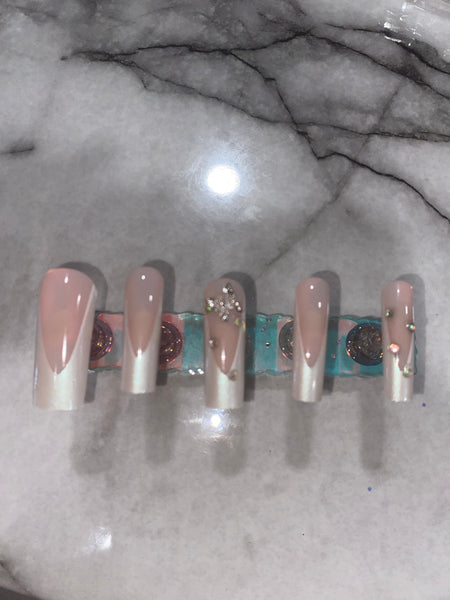 Press On Nails-White tip stone.